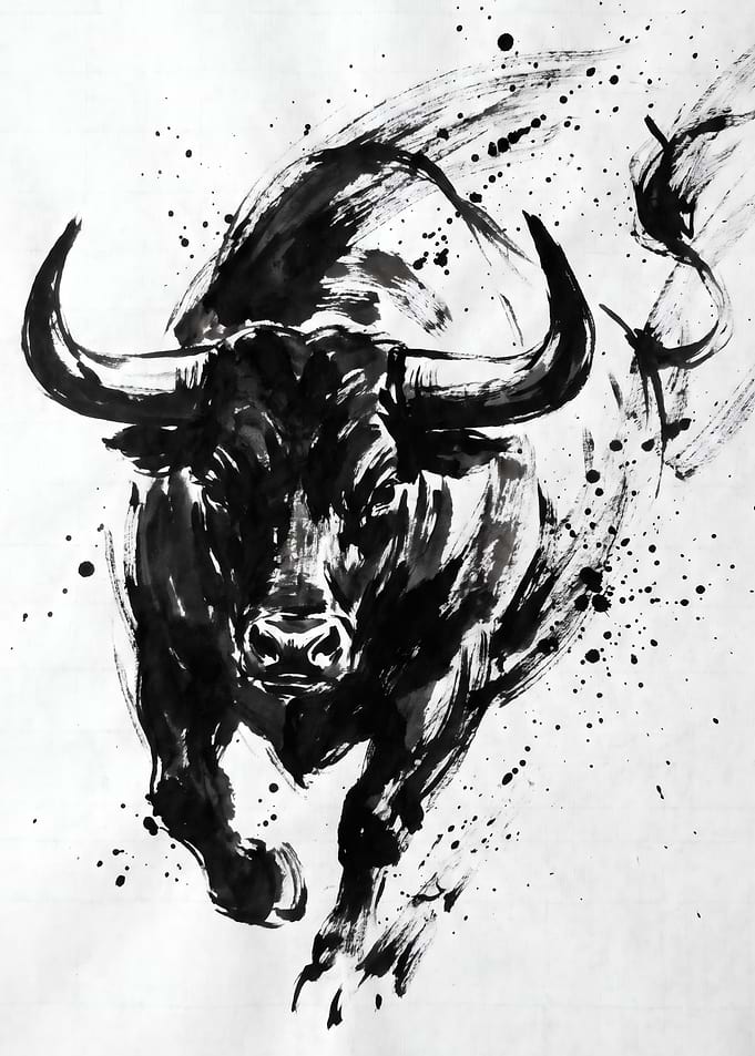 Dynamic Ink Wash Charging Bull