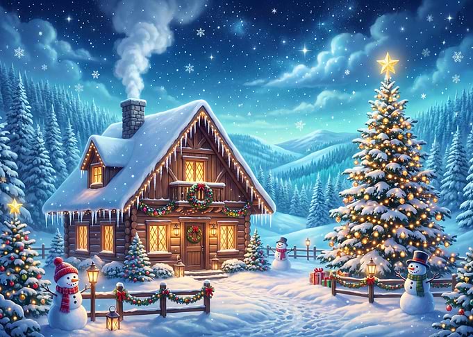 Cozy Winter Cabin Christmas Scene