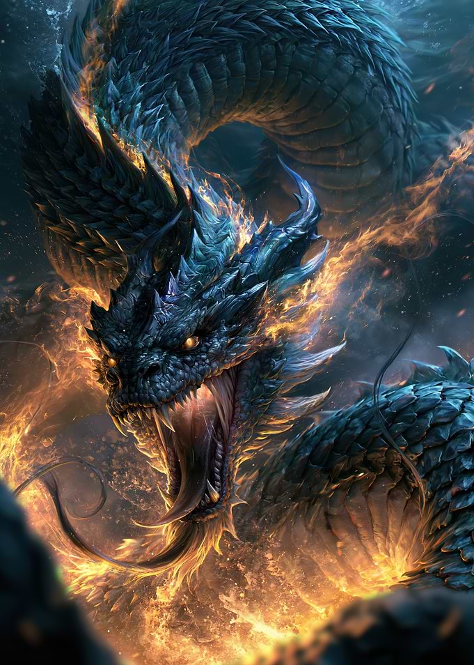 Fierce Blue Dragon Engulfed in Flames