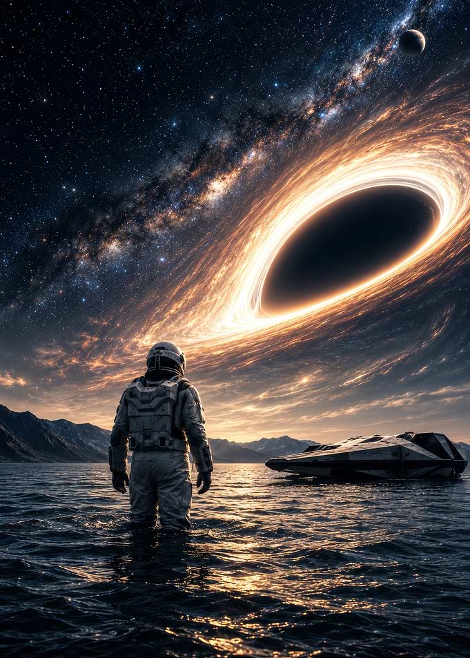 Astronaut Standing Before Massive Black Hole