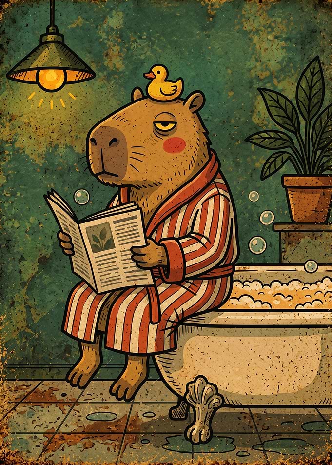 Capybara Reading in Bathtub Illustration