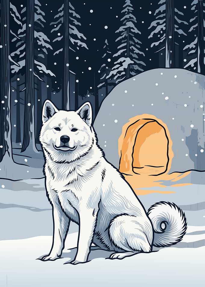 White Akita in Snowy Forest