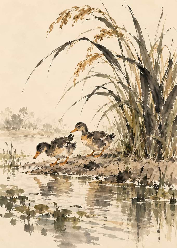 Watercolor Painting of Two Ducklings
