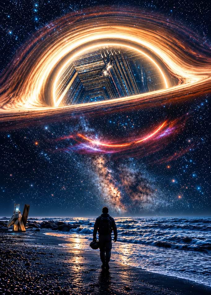 Astronaut Standing Before a Black Hole