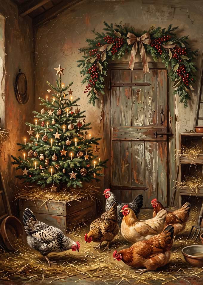 Rustic Christmas Barn with Chickens