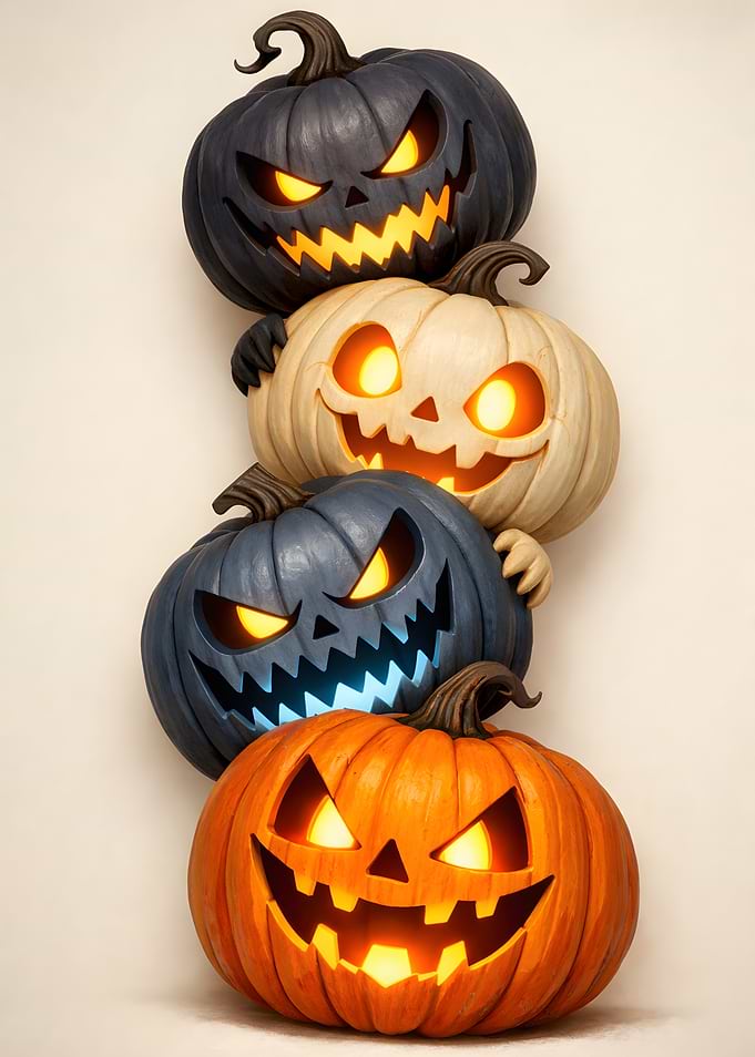 Stack of Whimsical Halloween Pumpkins Glowing with Spooky Expressive Faces
