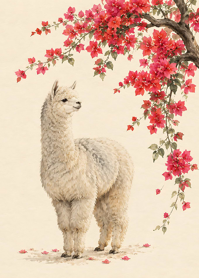 Alpaca Under Red Bougainvillea Flowers