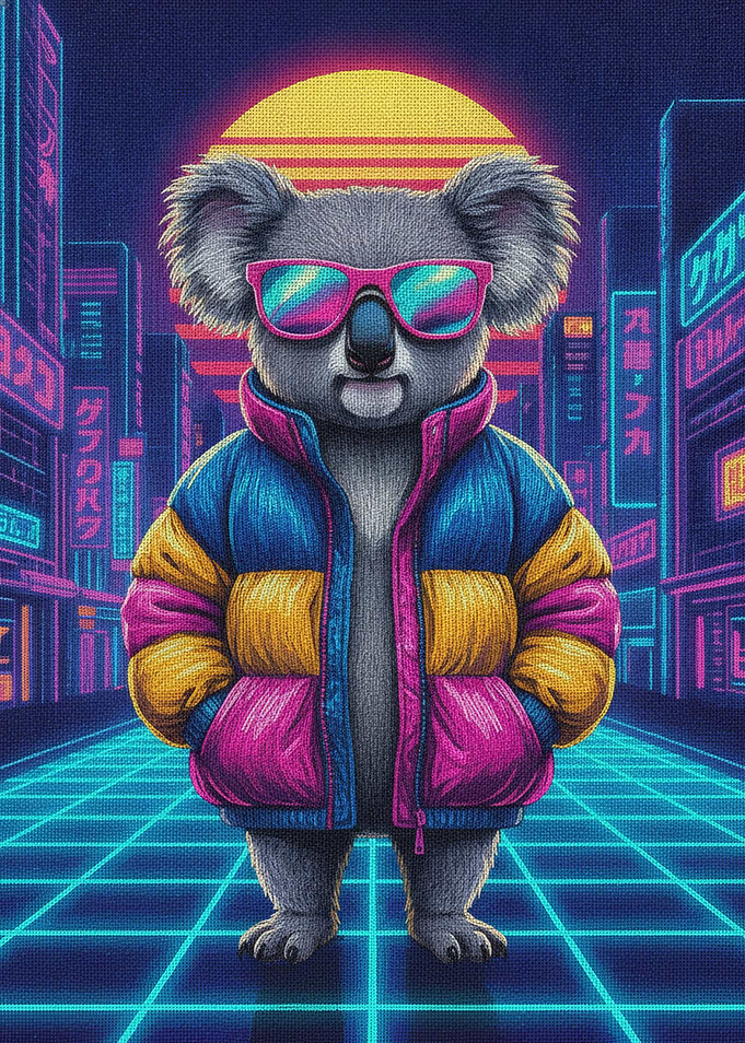 Retro Synthwave Koala in Puffer Jacket