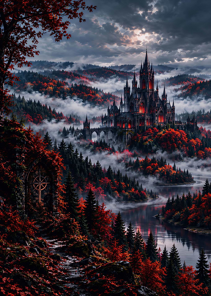 Gothic Castle in Autumn Forest