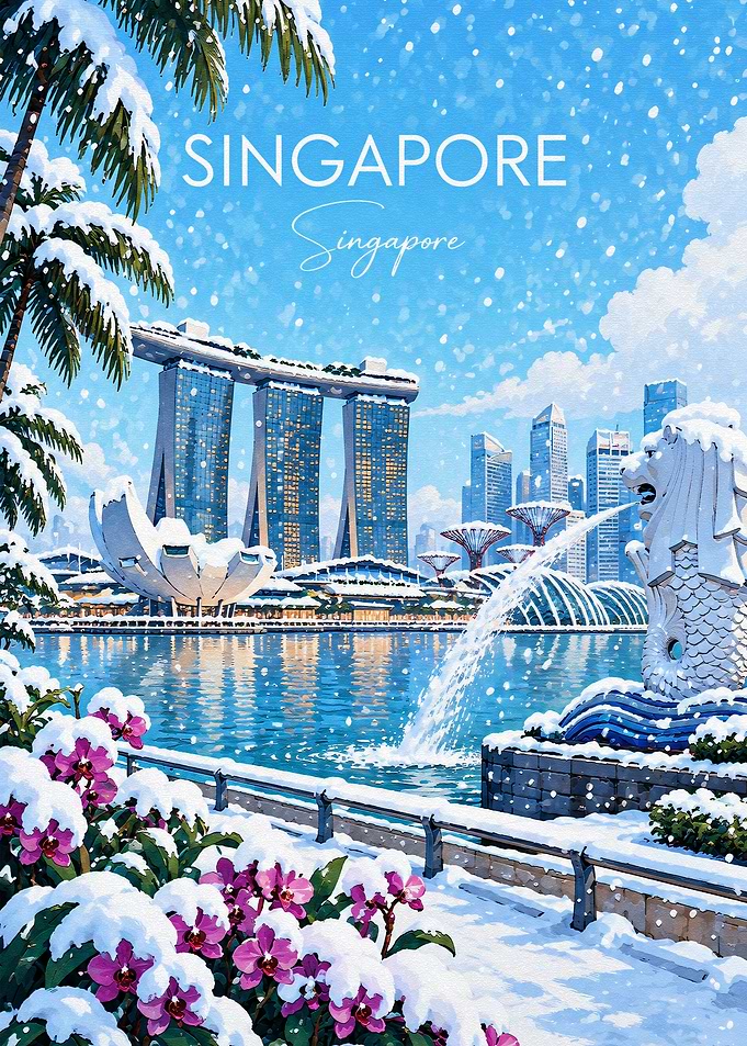 Snowy Singapore Cityscape Travel Poster