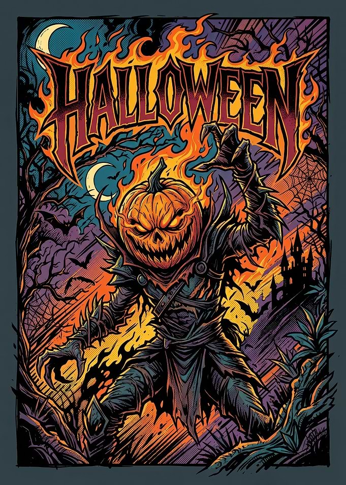 Fiery Halloween Pumpkin Monster Poster