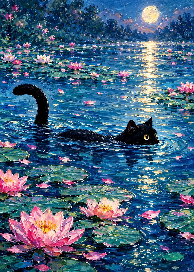 Black Cat Swimming in Moonlit Pond