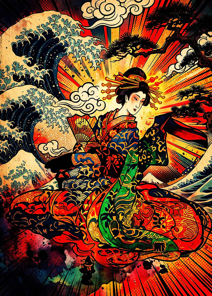Vibrant Geisha with Great Wave Art