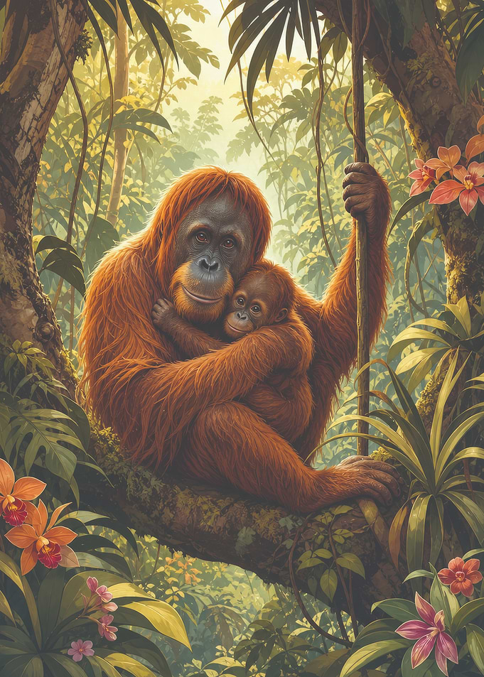Orangutan Mother and Baby in Jungle