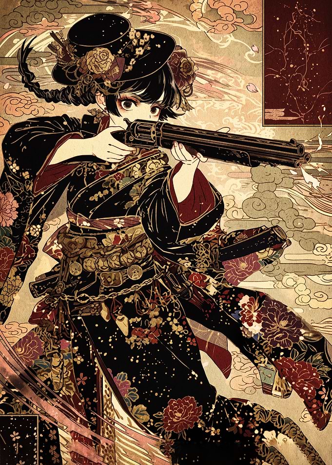 Anime Girl in Kimono with Revolver