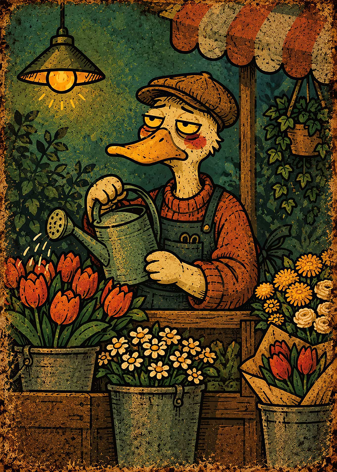Tired Duck Florist Watering Flowers