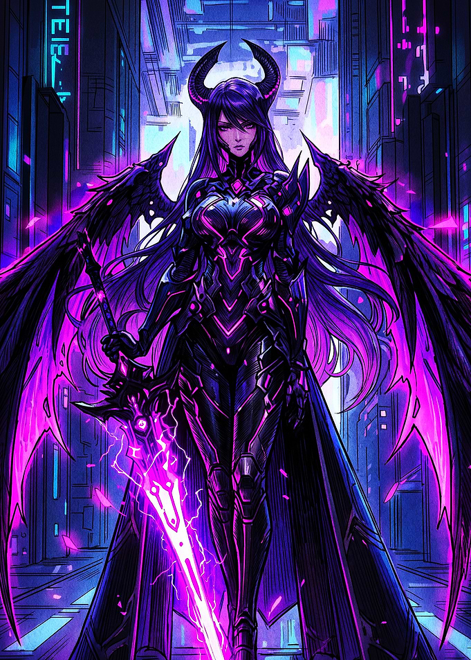 Cyberpunk Demon Warrior with Glowing Sword