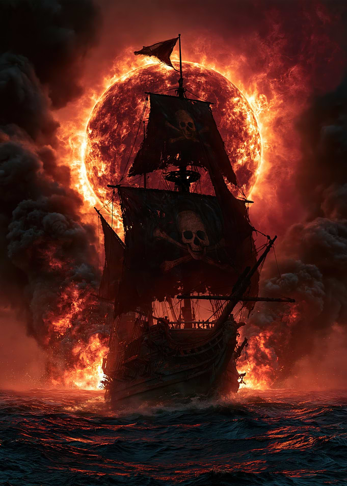 Fiery Pirate Ship Under Burning Sun