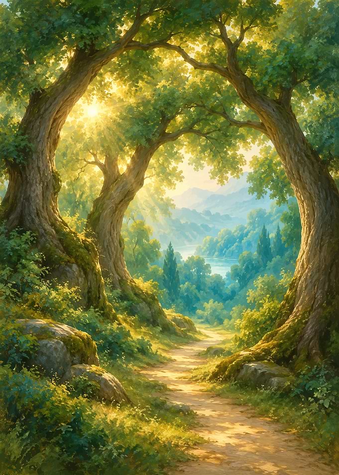 Sunlit Forest Path Through Trees