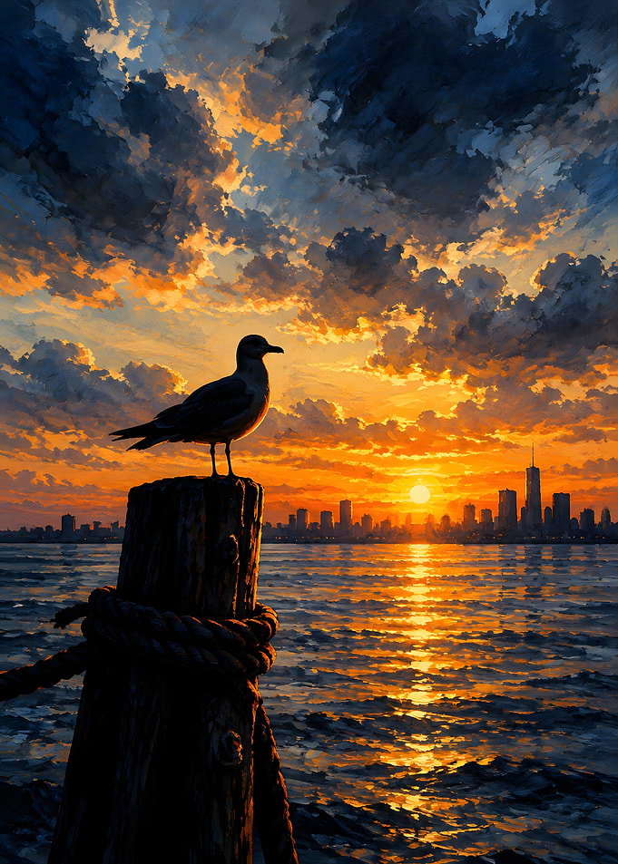 Seagull Perched at Sunset Skyline