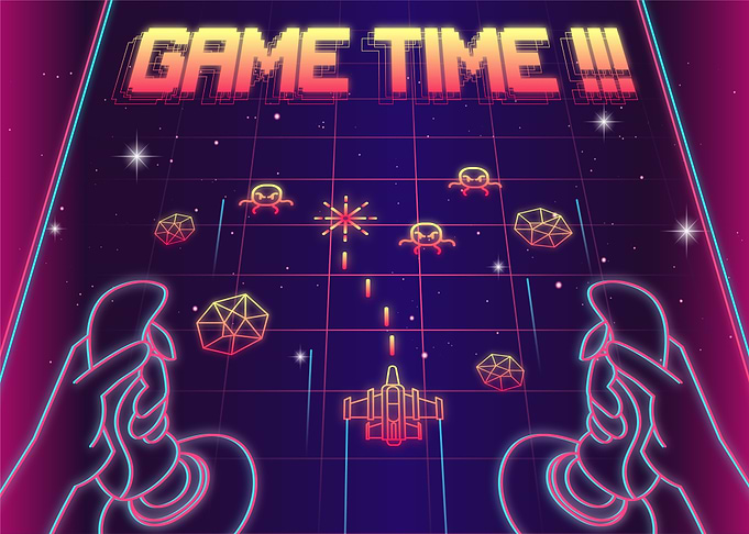 Retro Arcade Game Time Neon Illustration