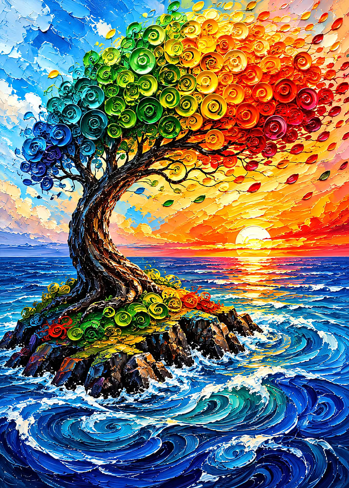 Vibrant Rainbow Tree on Rocky Island