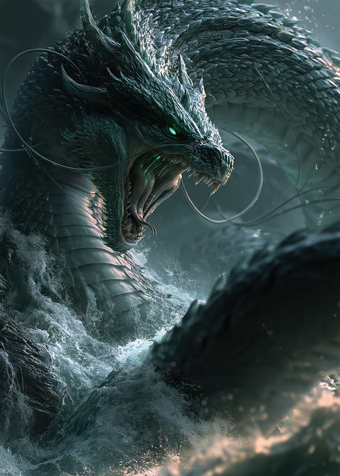 Ferocious Sea Dragon Emerging from Waves