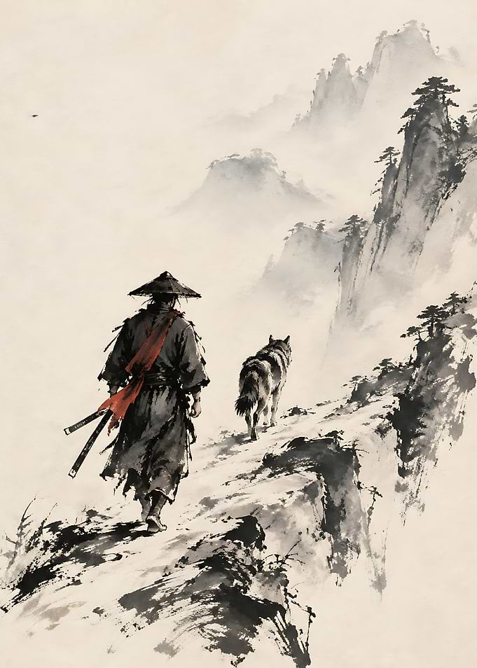 Ronin and Wolf in Misty Mountains