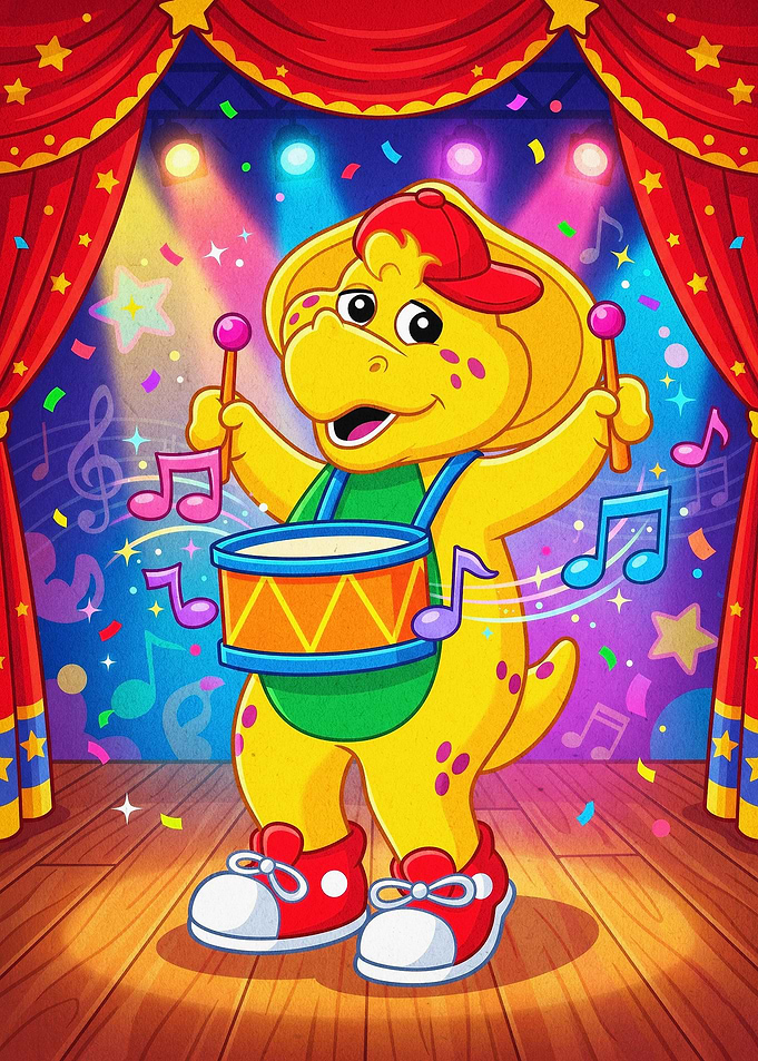Dino Drummer Cute Cartoon Art