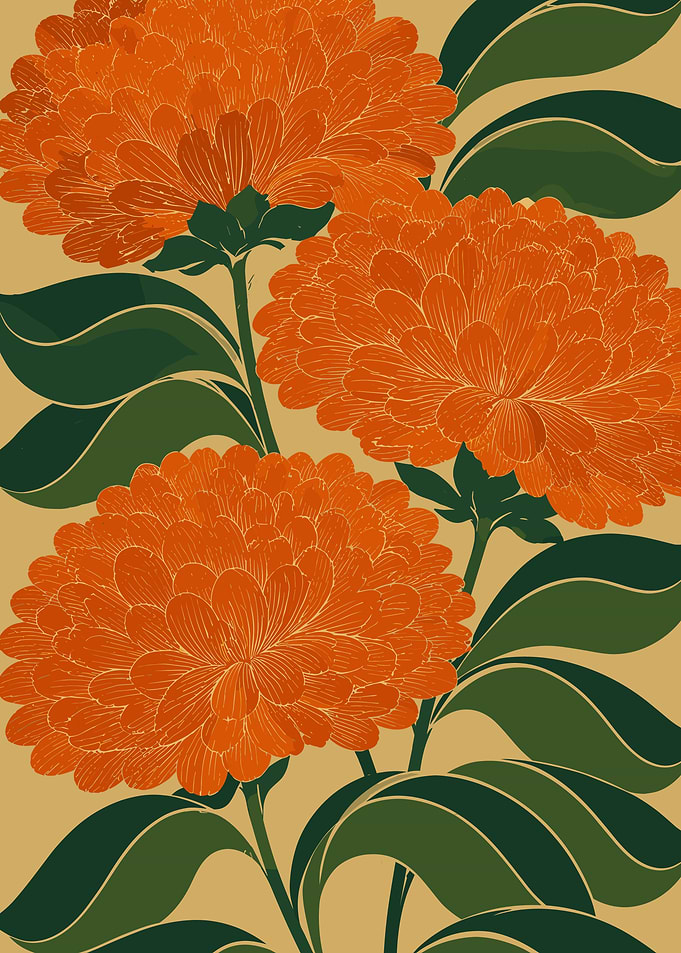 Stylized Orange Chrysanthemum Floral Pattern