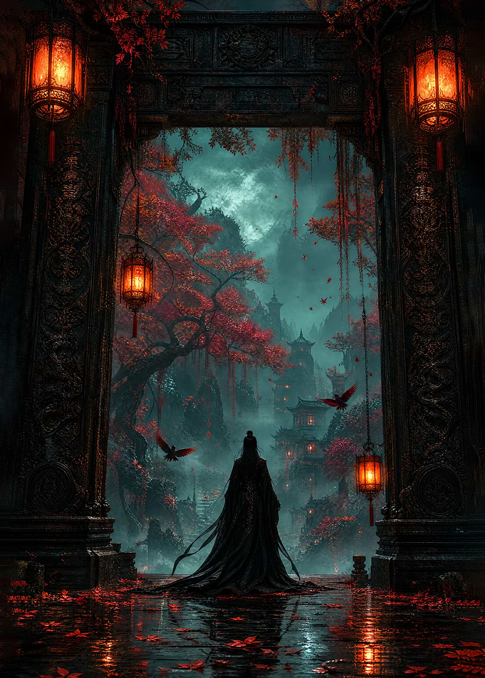 Mystical Figure at Ancient Gate