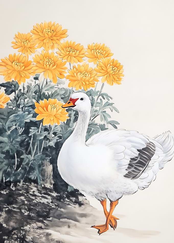 White Goose with Yellow Chrysanthemums