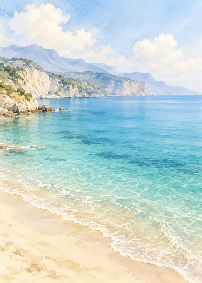Watercolor Coastal Beach Landscape