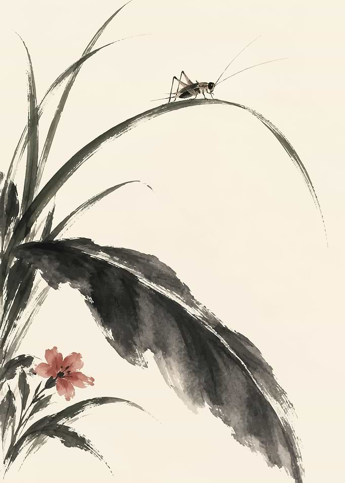 Cricket on Grass Ink Painting