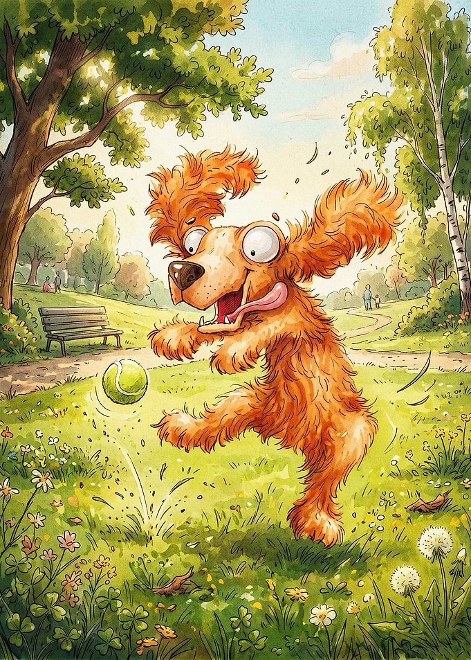 Playful Dog Tennis Ball Cartoon Art