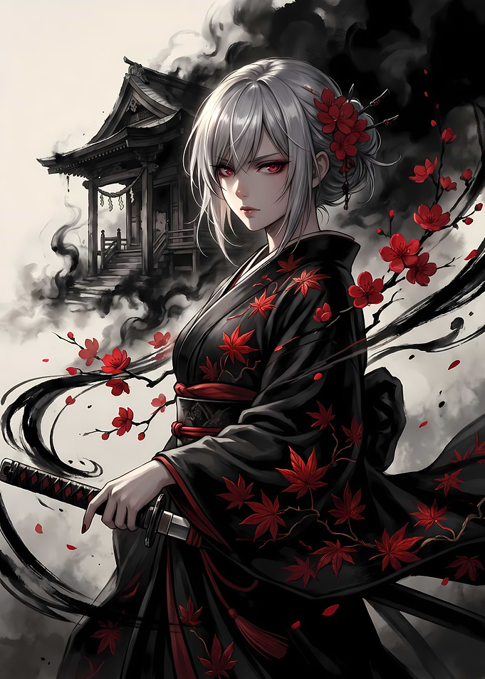 Anime Samurai Girl with Red Maple