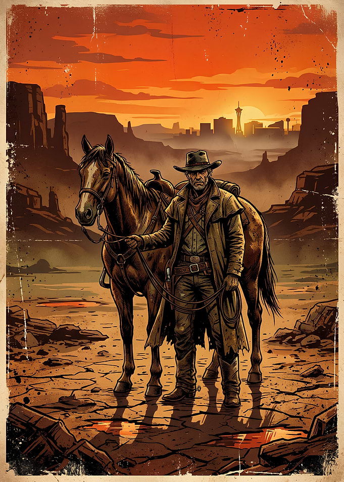 Cowboy and Horse in Desert Sunset