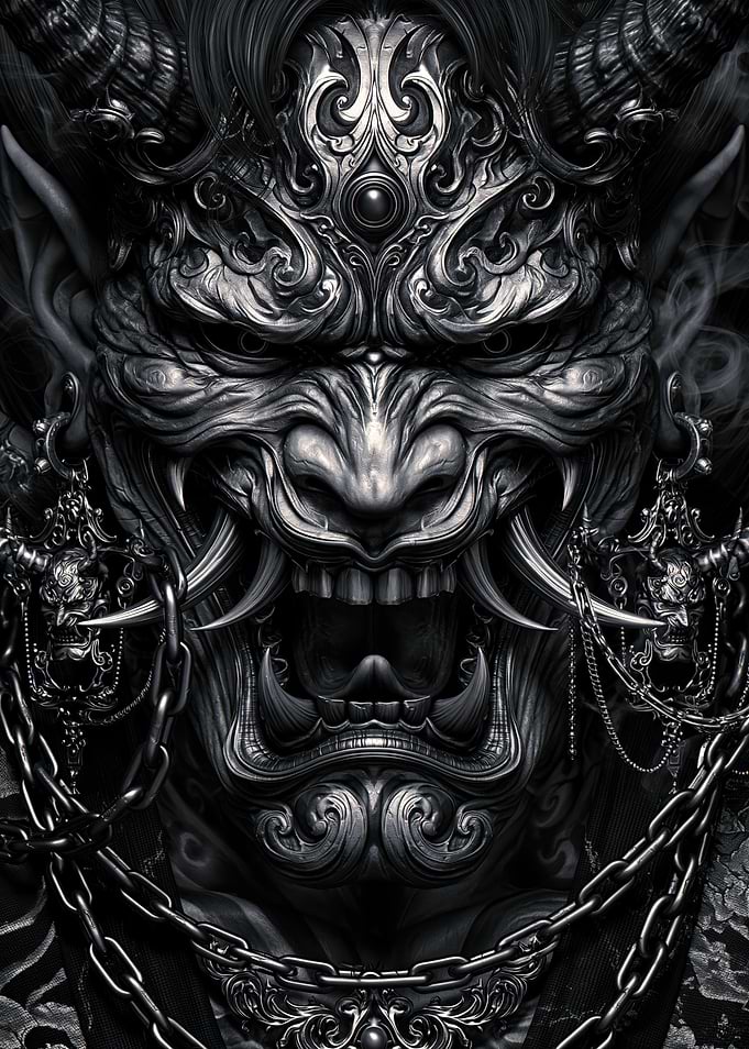 Intricate Metallic Oni Demon Mask