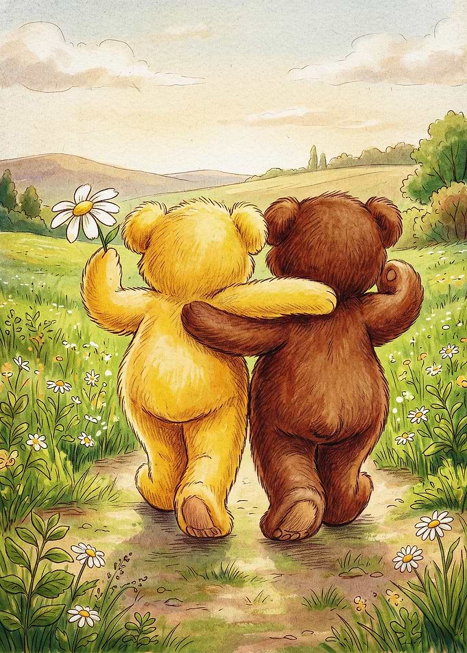 Two Teddy Bears Walking Together