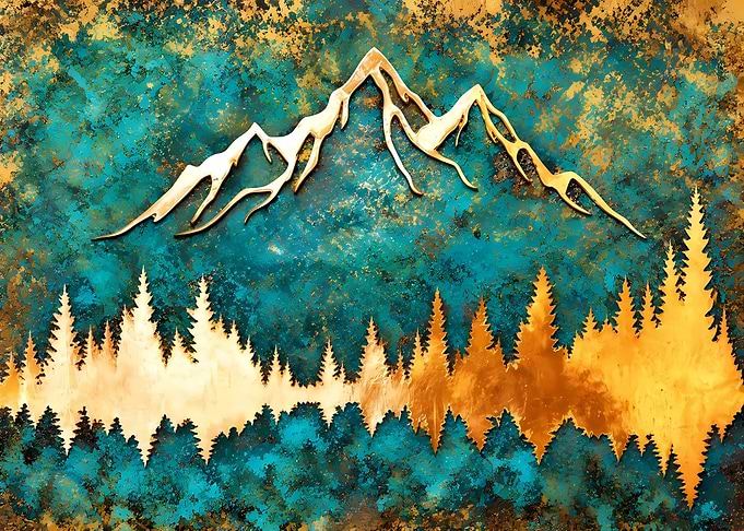 Golden Mountain and Forest Abstract Art