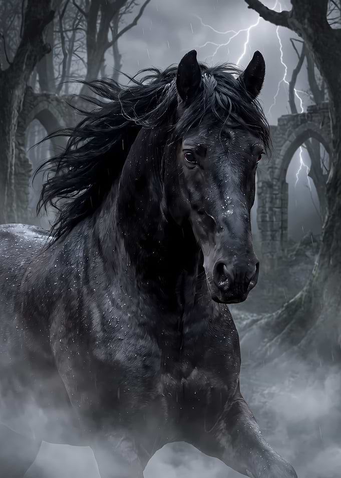 Majestic Black Horse in Stormy Ruins