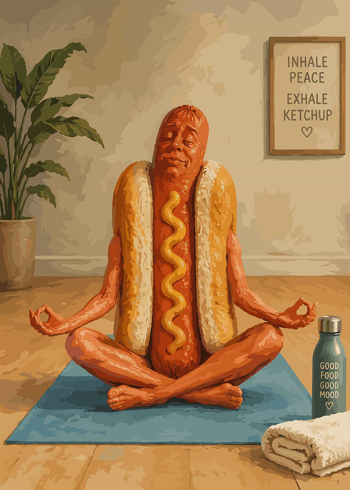 Meditating Hot Dog Yoga Illustration