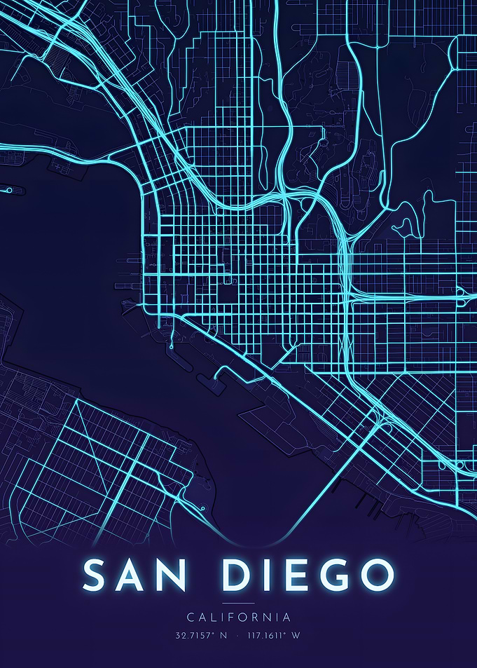 San Diego Neon Blue Glow City Map Poster