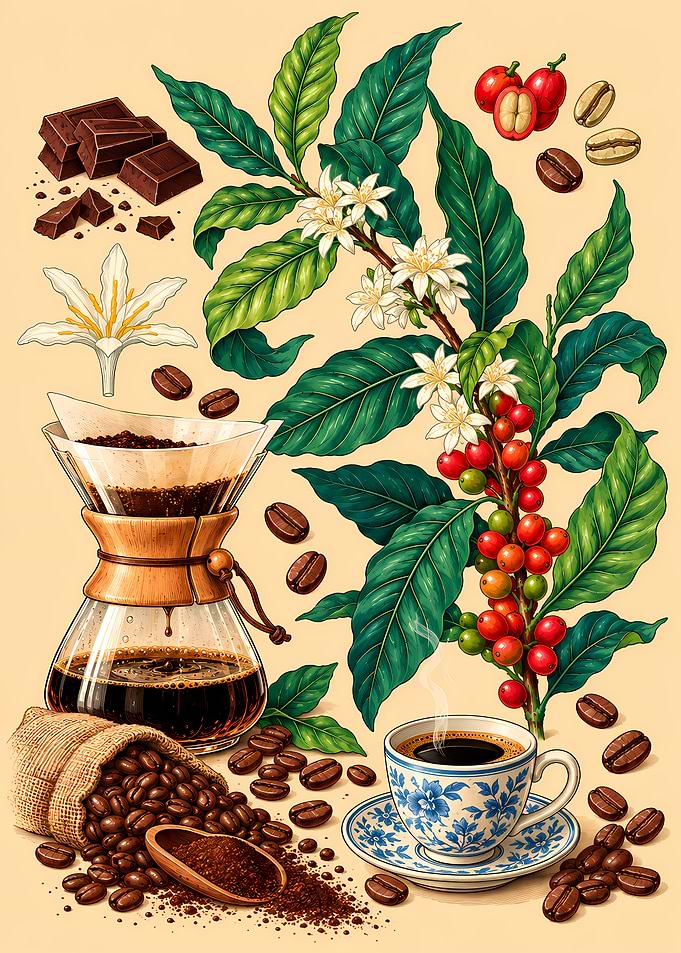 Coffee Botanical Illustration and Brewing