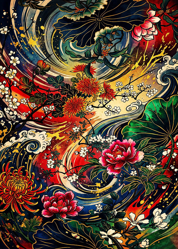 Vibrant Japanese Floral Art Pattern