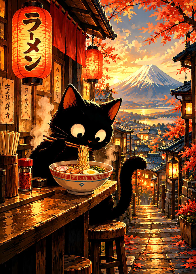 Black Cat Eating Ramen in Japan