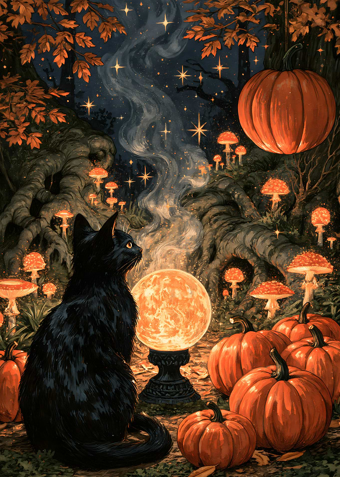 Witchy Black Cat Crystal Ball - Enchanted Autumn Forest