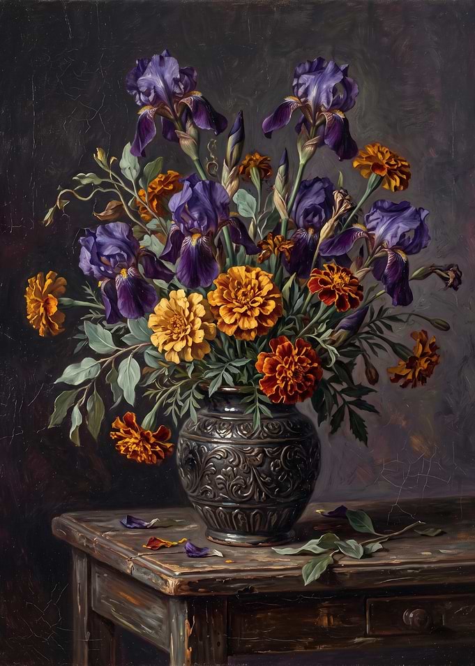 Still Life Painting of Irises and Marigolds