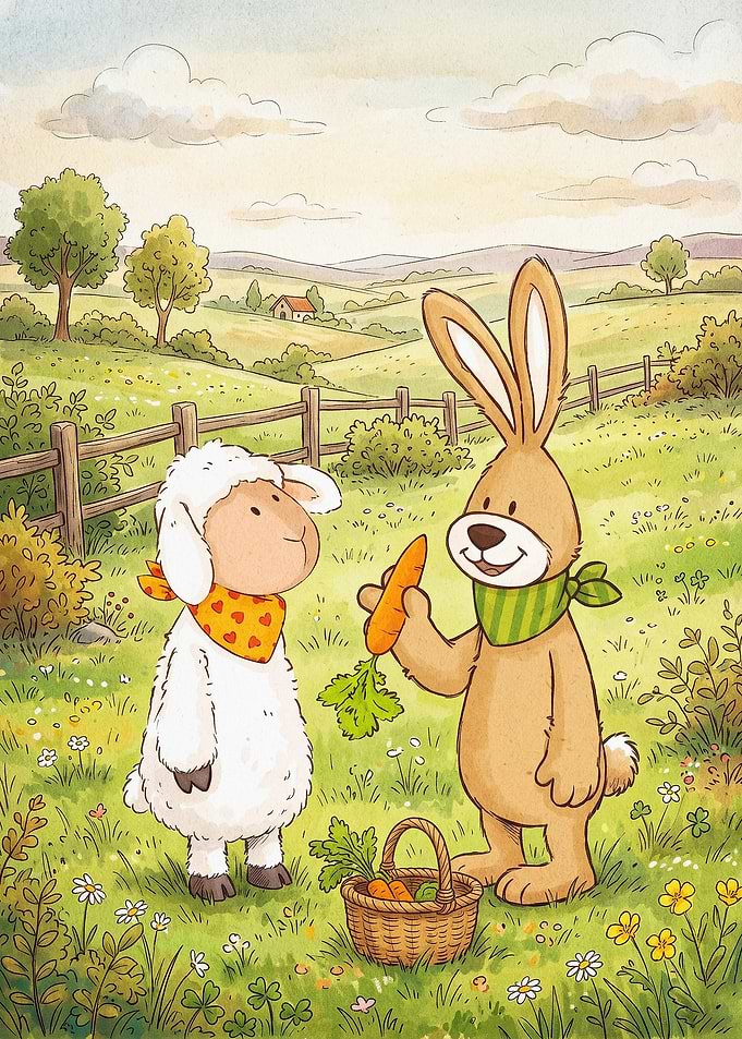 Bunny Lamb Farm Watercolor Art