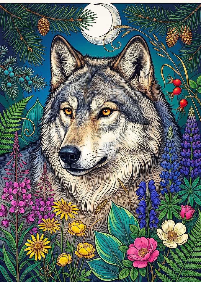 Majestic Wolf in Floral Meadow